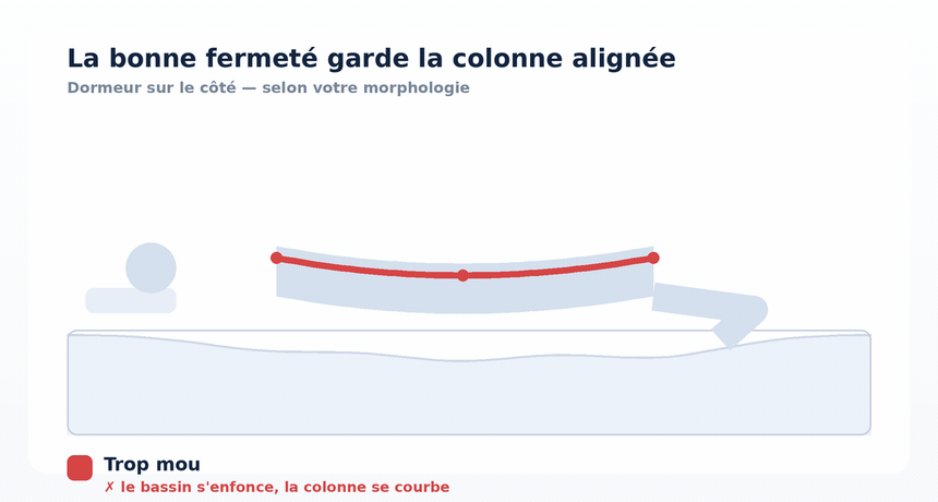 Trop mou, la colonne se courbe ; trop ferme, l'épaule et la hanche compriment. Un médian-ferme garde le dos aligné.